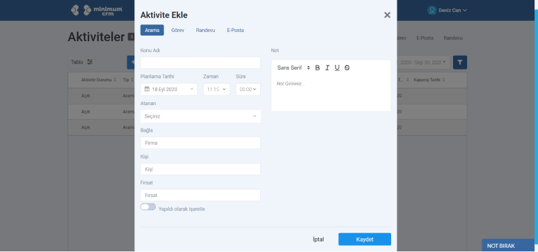 Aktiviteler Modülü Görev Yönetimi Aktivite ekleme