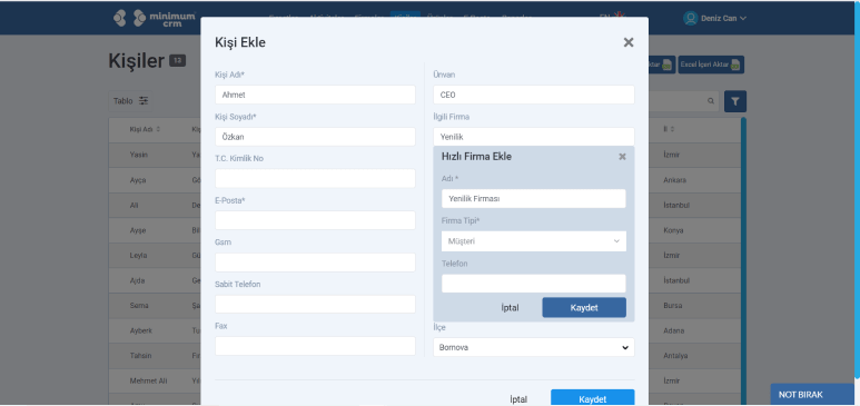 Müşteri takip yazılımında kişi ekleme ekranı kullanımı