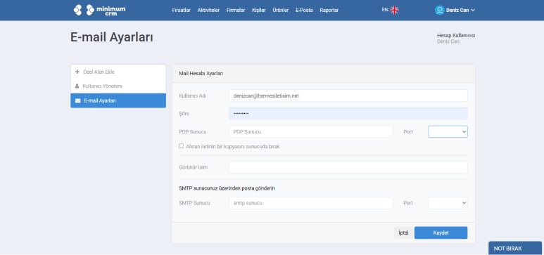 CRM yönetimi E-Posta ayarları