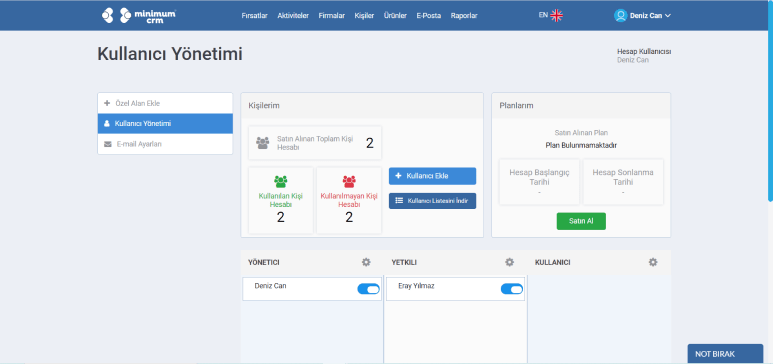 CRM kurulumu Kullanıcı Yönetimi
