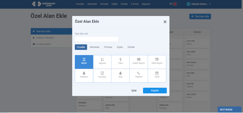 CRM yönetimi Özel Alan